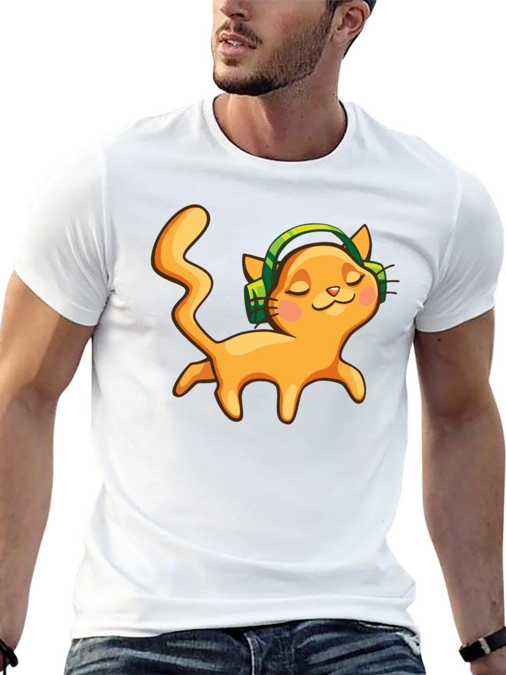 Cat with Headphones Black Graphic Tee