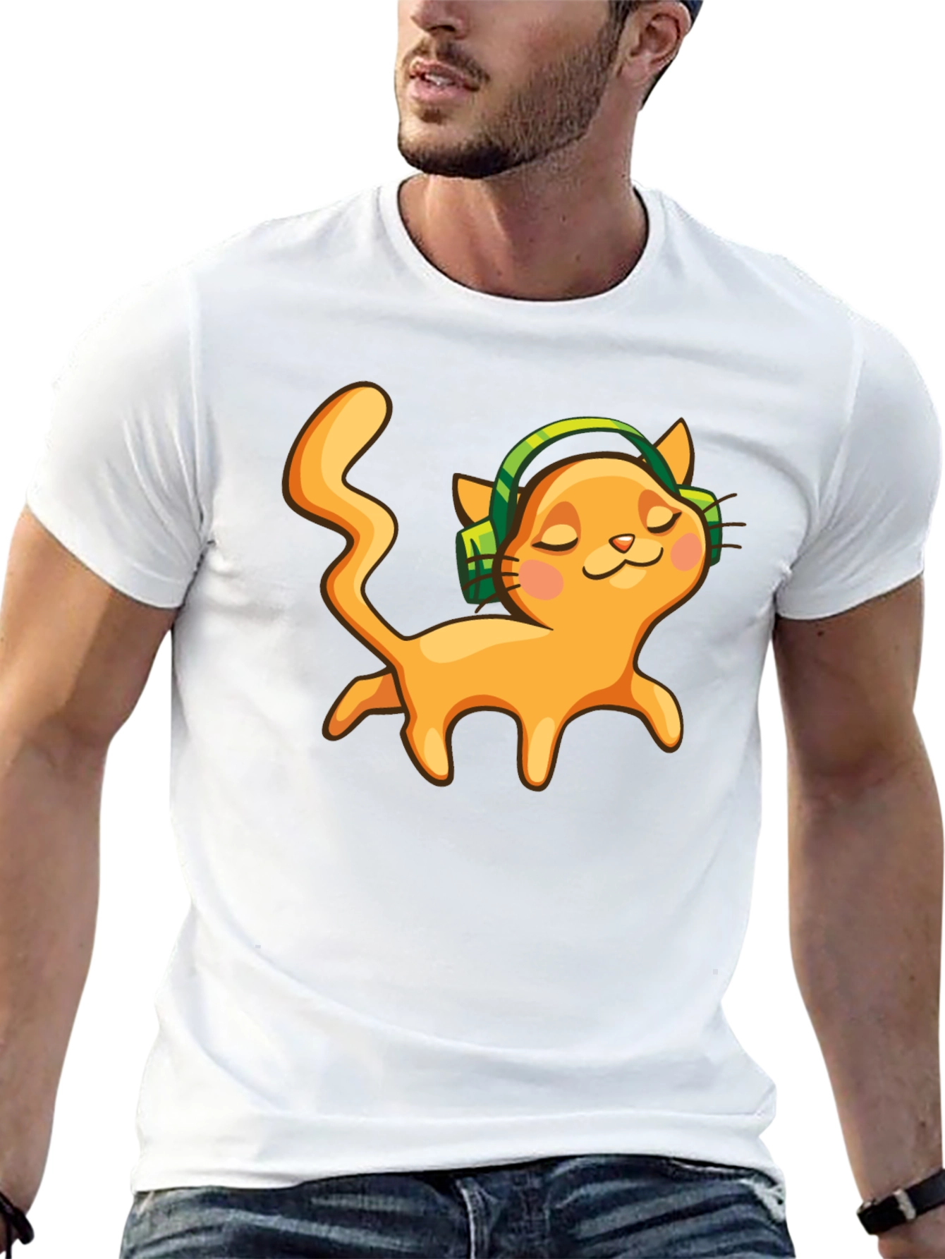 Cat with Headphones Black Graphic Tee