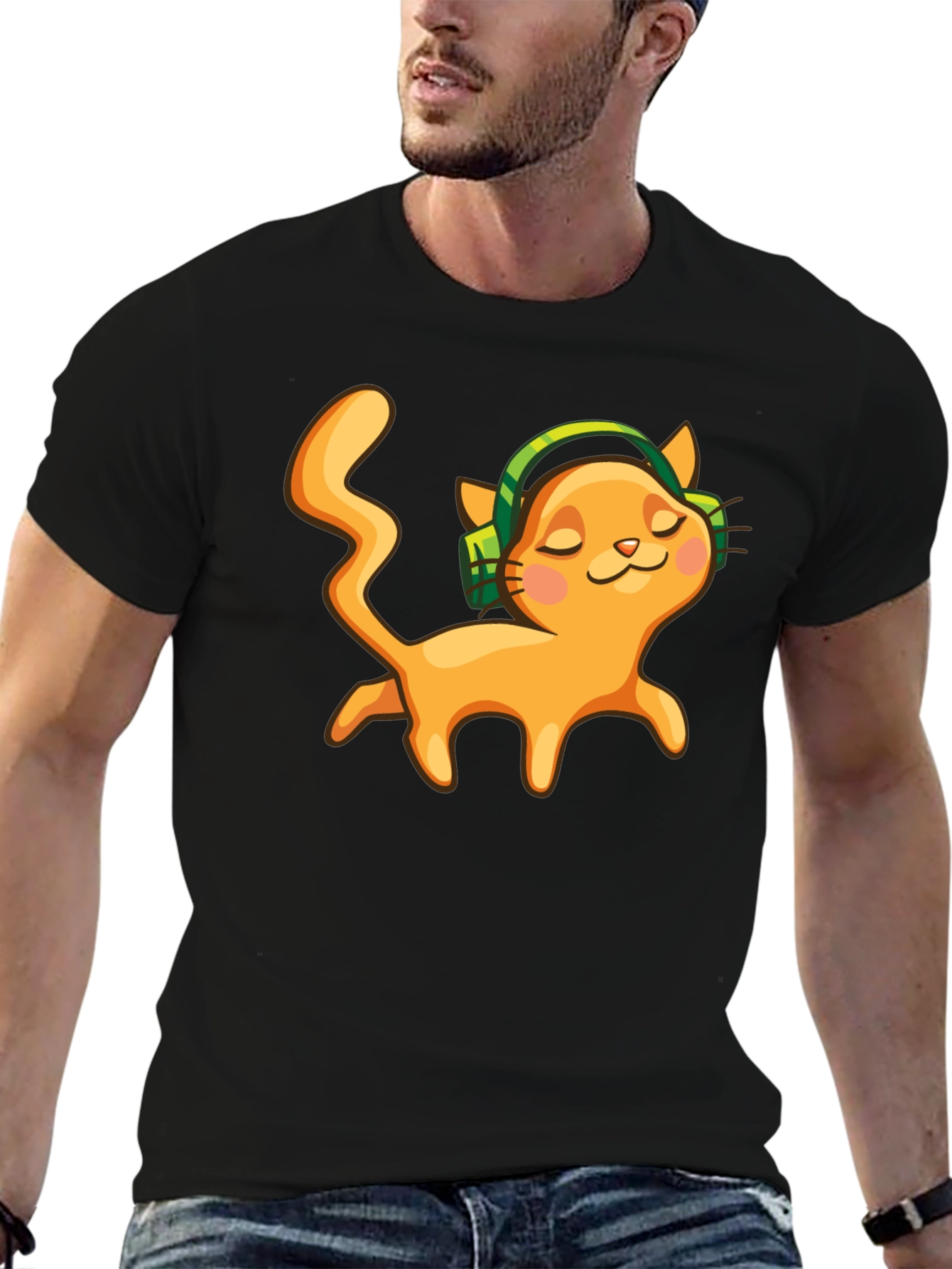 Cat with Headphones Black Graphic Tee