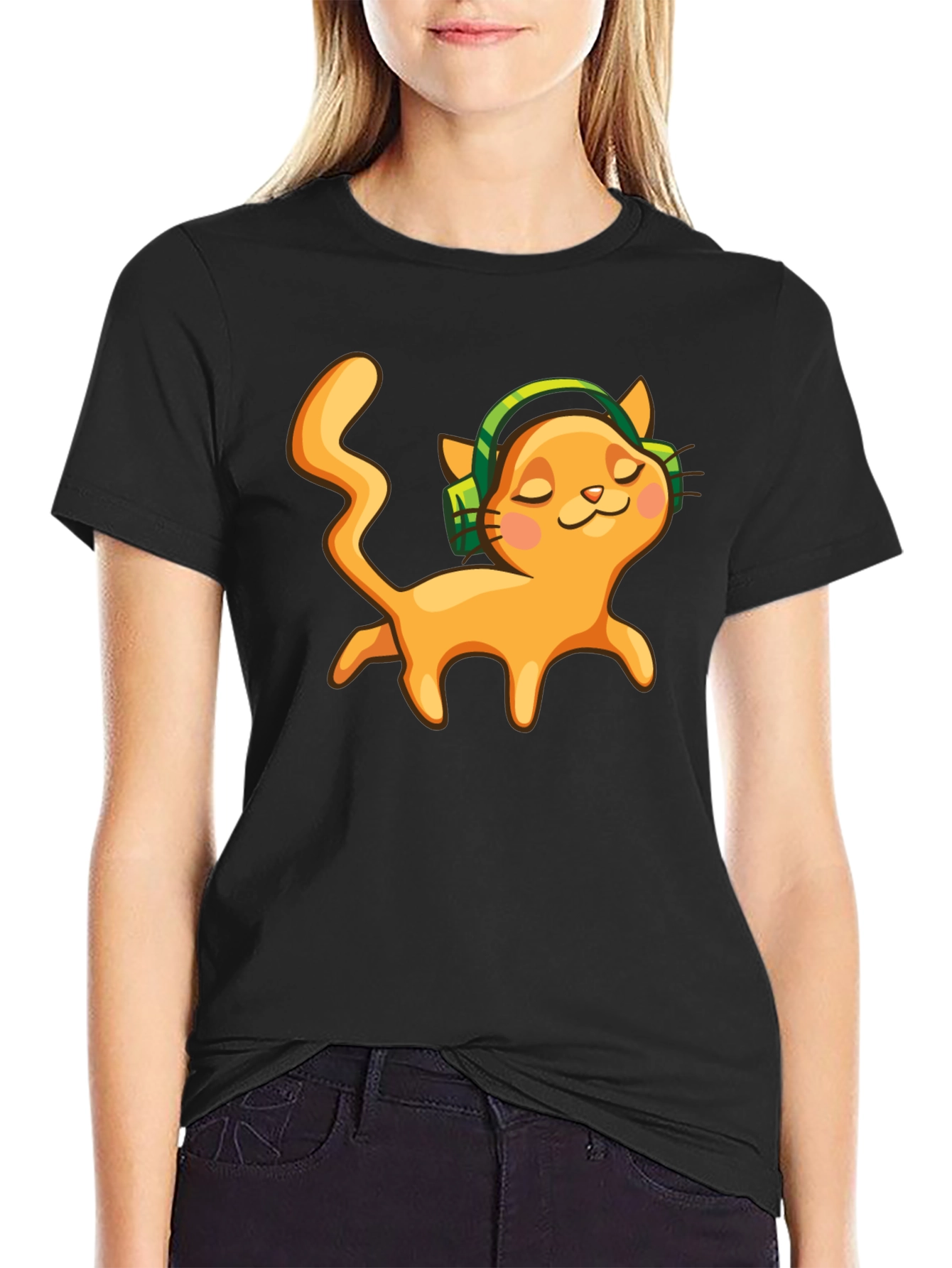 Cat with Headphones Black Graphic Tee