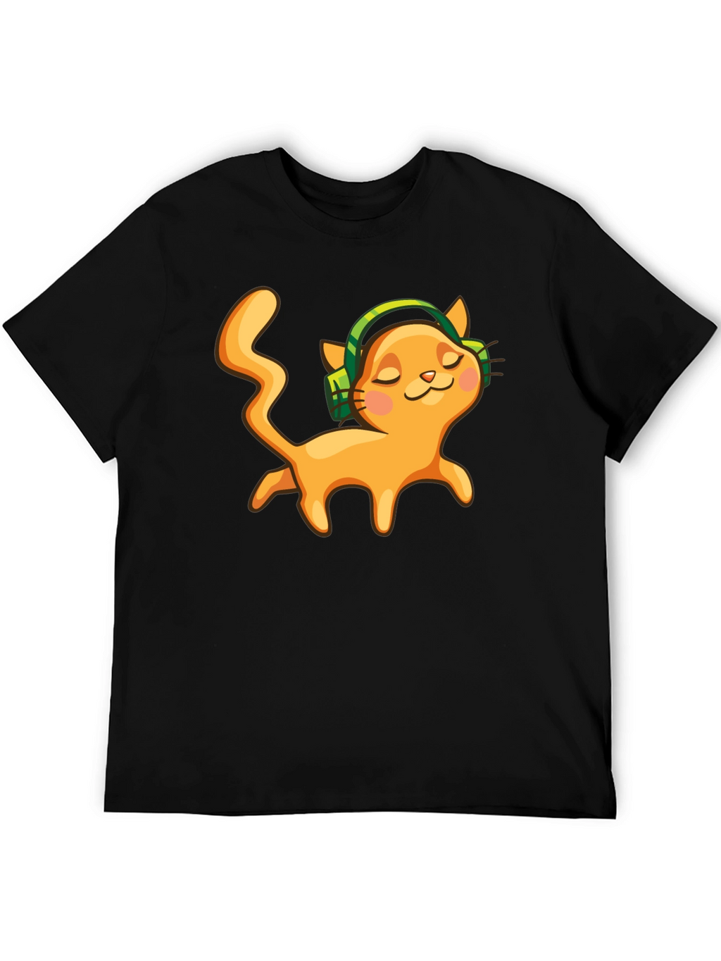 Cat with Headphones Black Graphic Tee