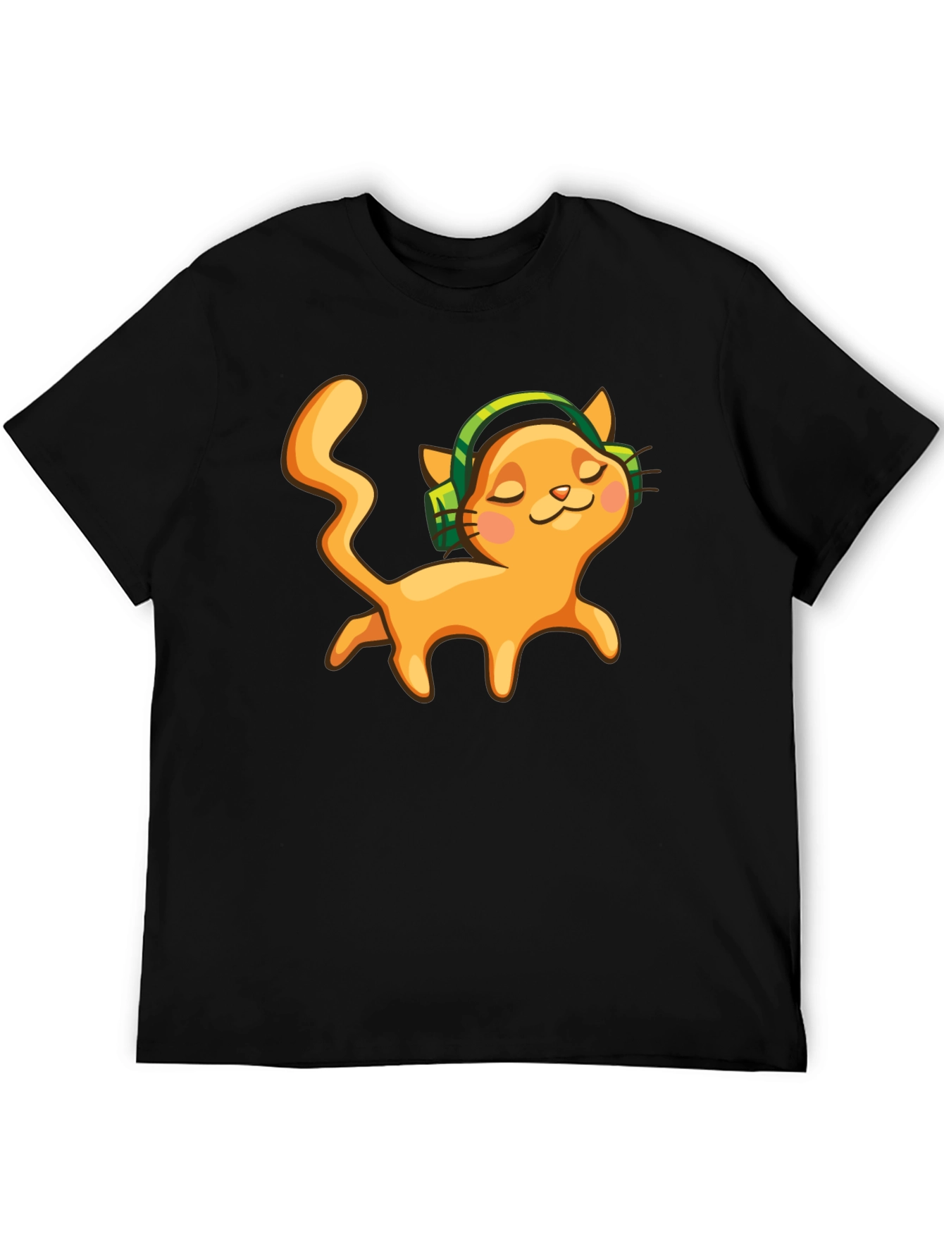 Cat with Headphones Black Graphic Tee