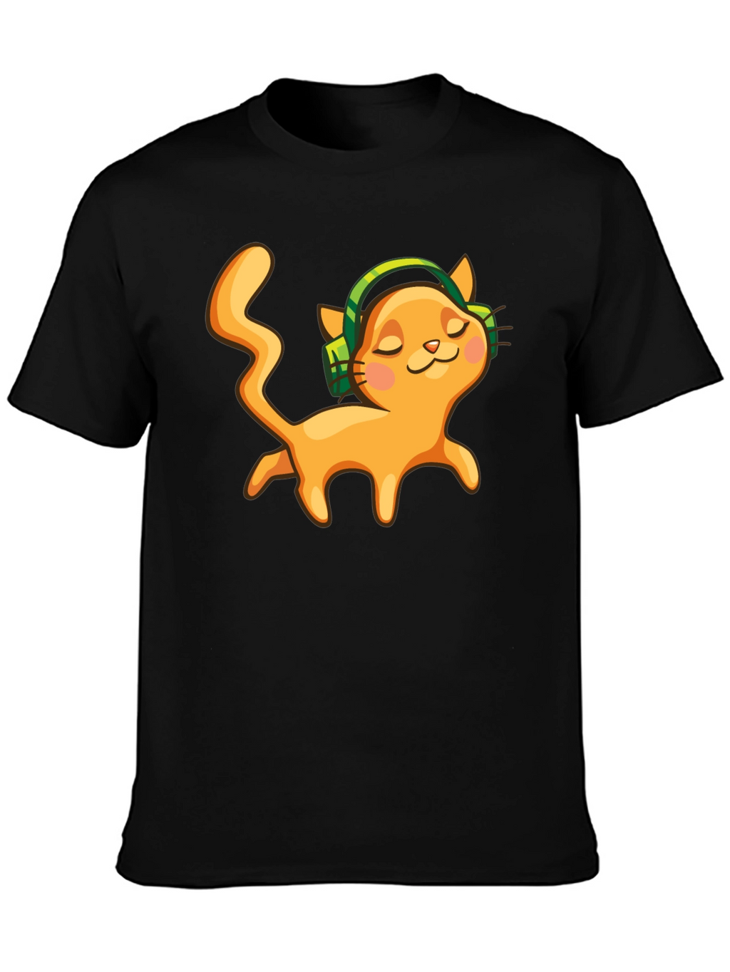 Cat with Headphones Black Graphic Tee