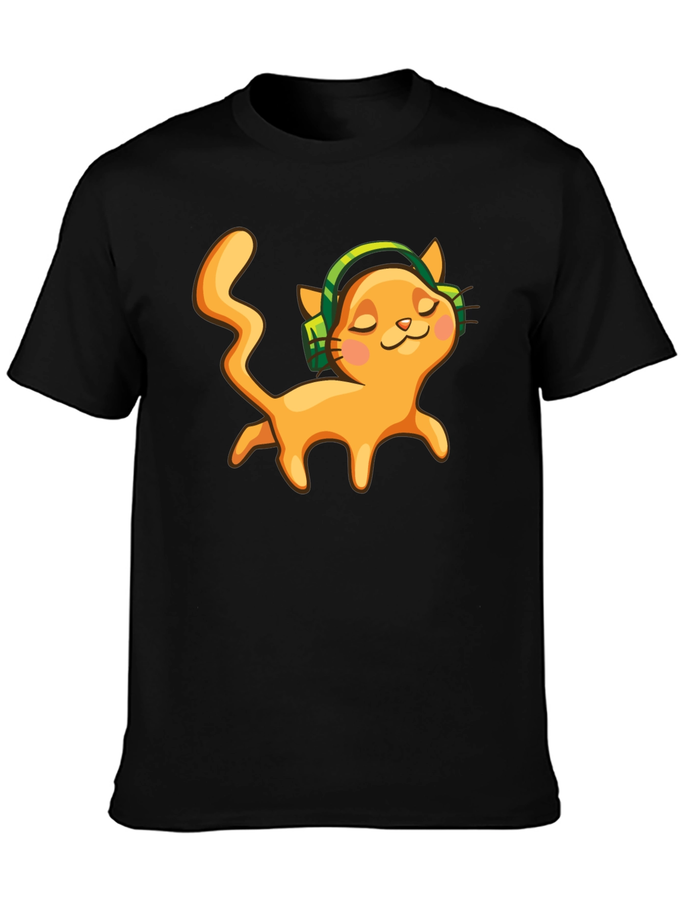 Cat with Headphones Black Graphic Tee