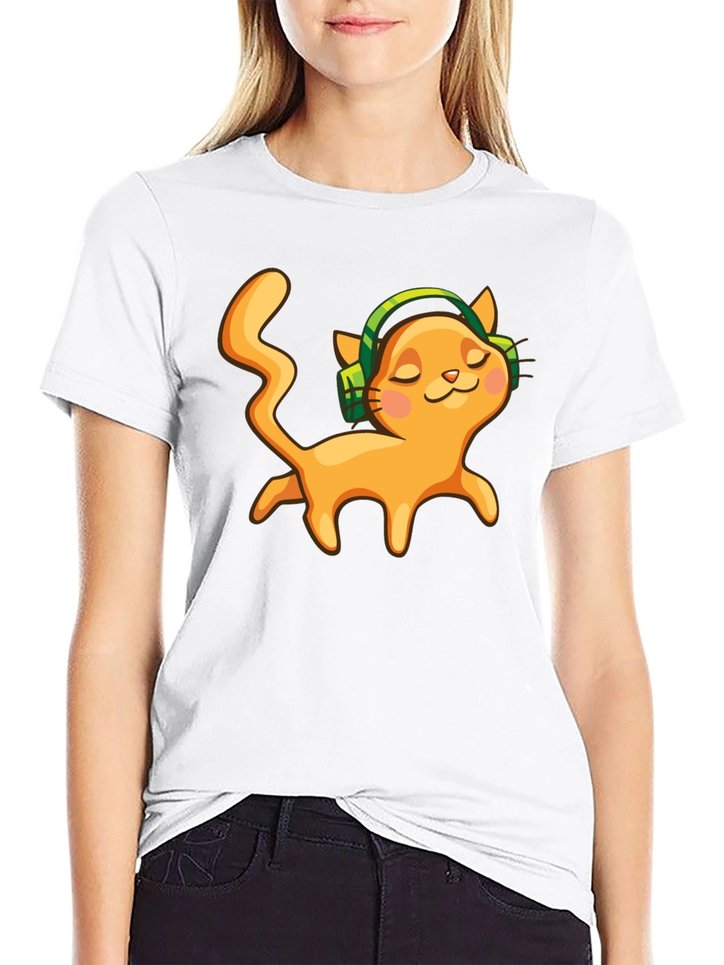 Cat with Headphones Black Graphic Tee