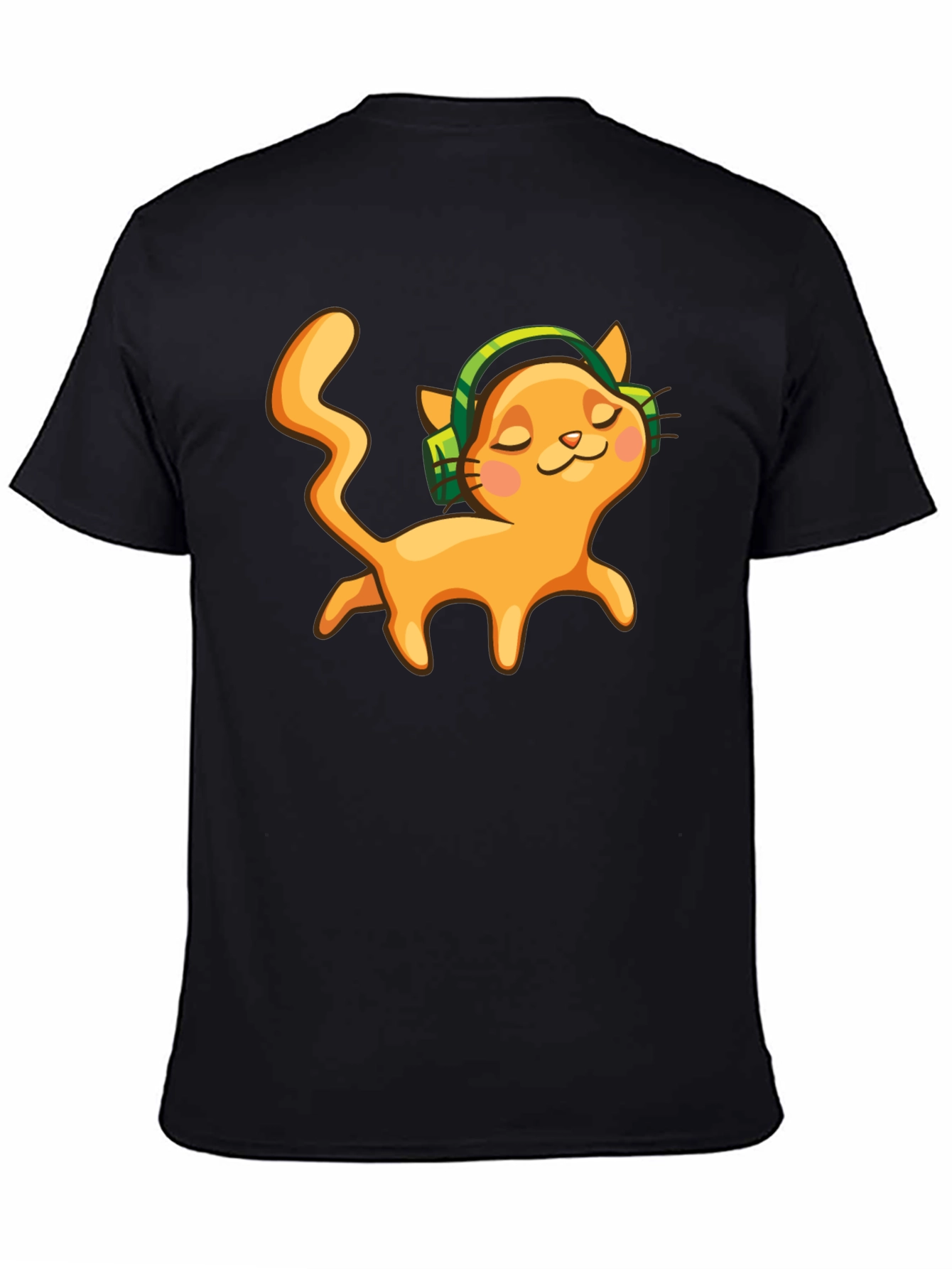 Cat with Headphones Black Graphic Tee