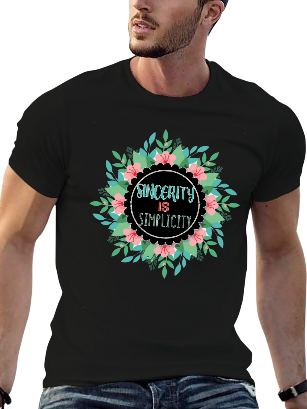 Sincerity Simplicity Floral Graphic Black T-Shirt