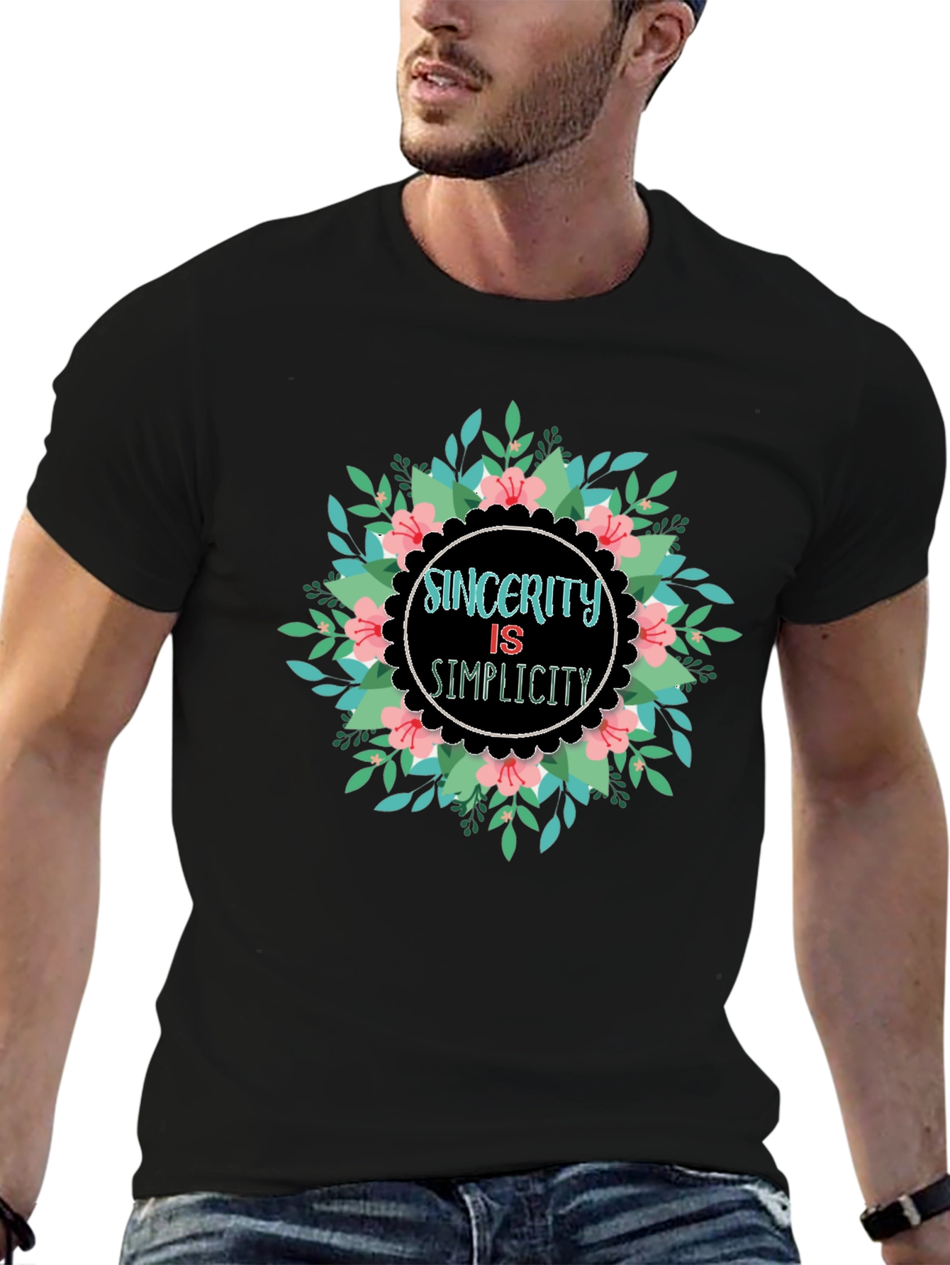 Sincerity Simplicity Floral Graphic Black T-Shirt