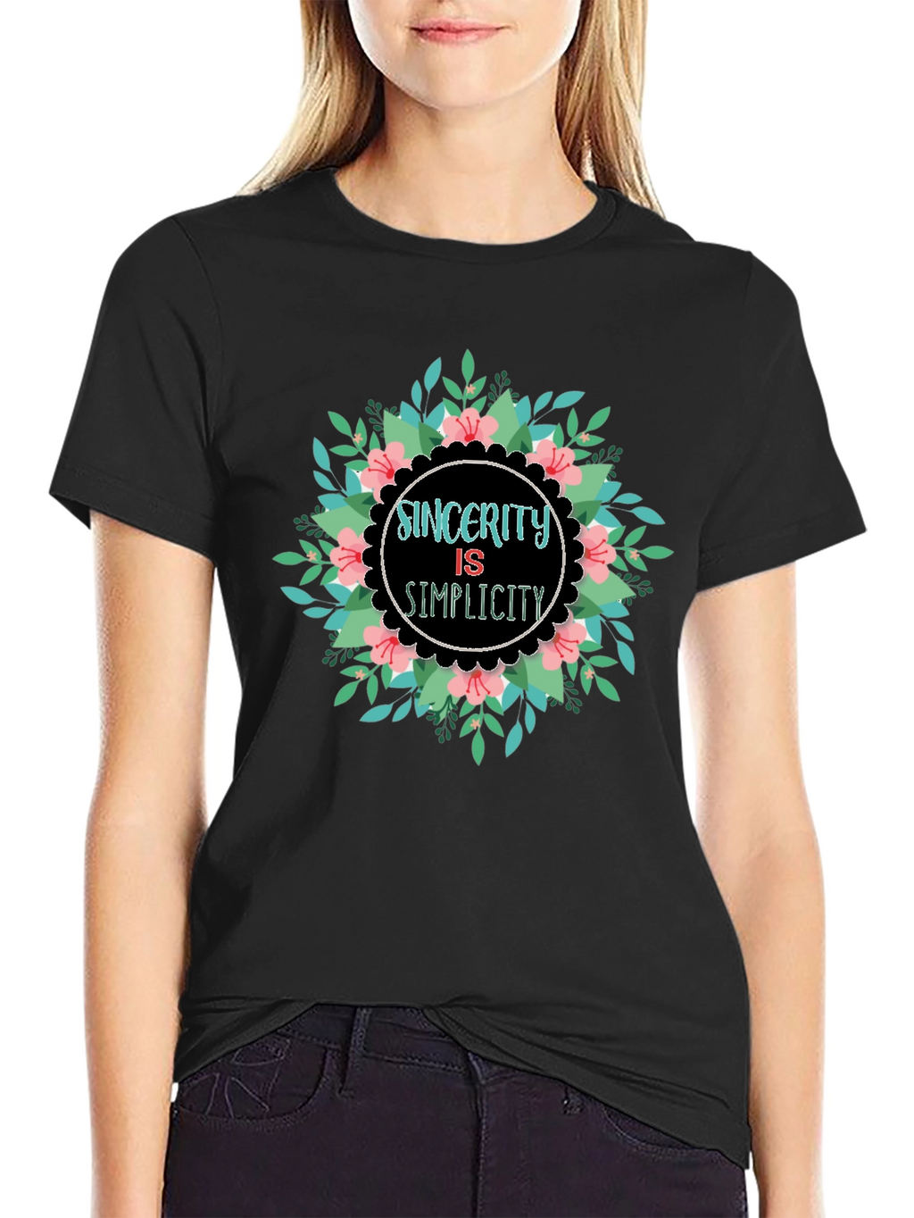 Sincerity Simplicity Floral Graphic Black T-Shirt
