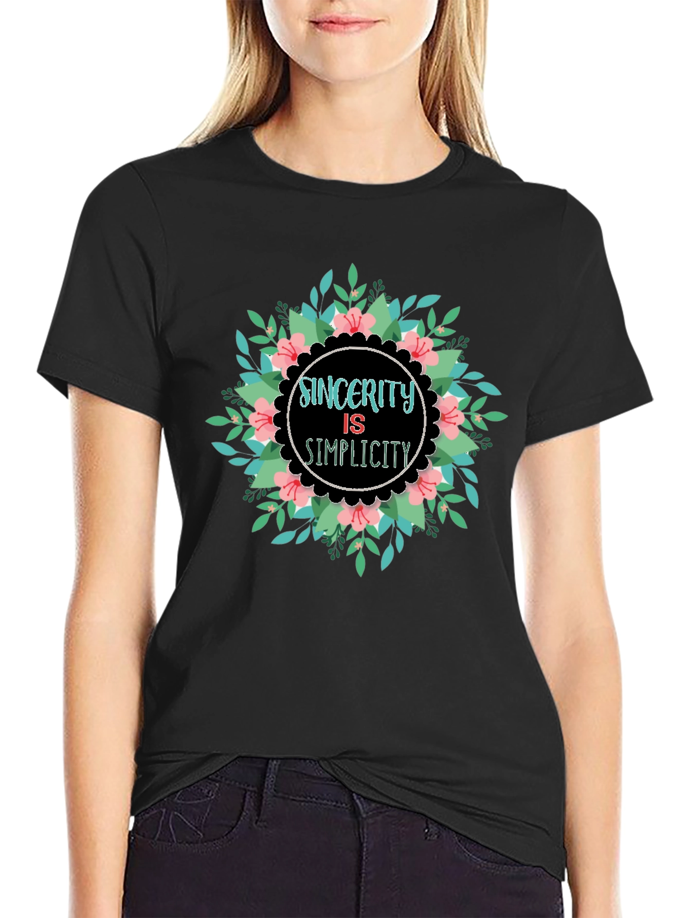 Sincerity Simplicity Floral Graphic Black T-Shirt