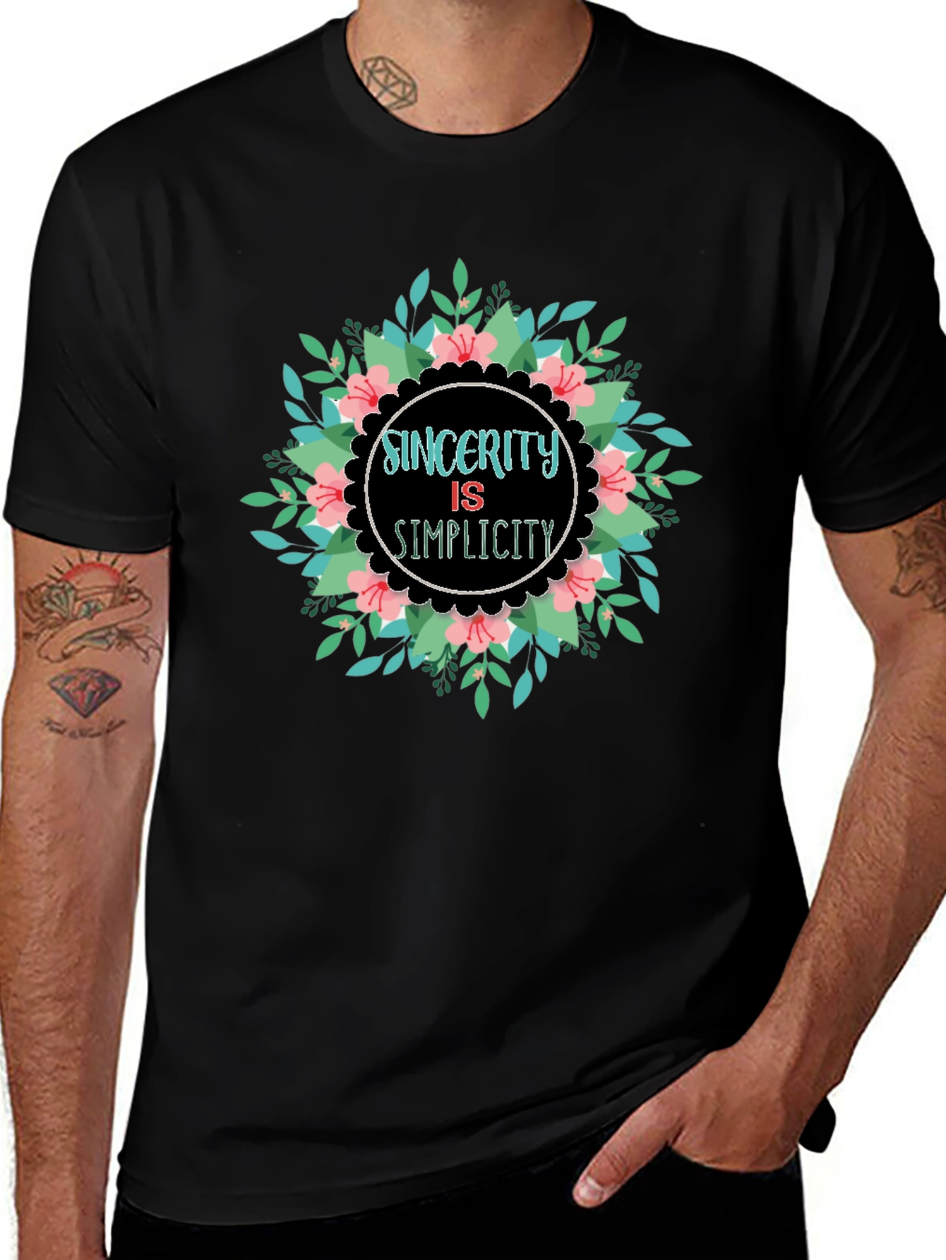 Sincerity Simplicity Floral Graphic Black T-Shirt
