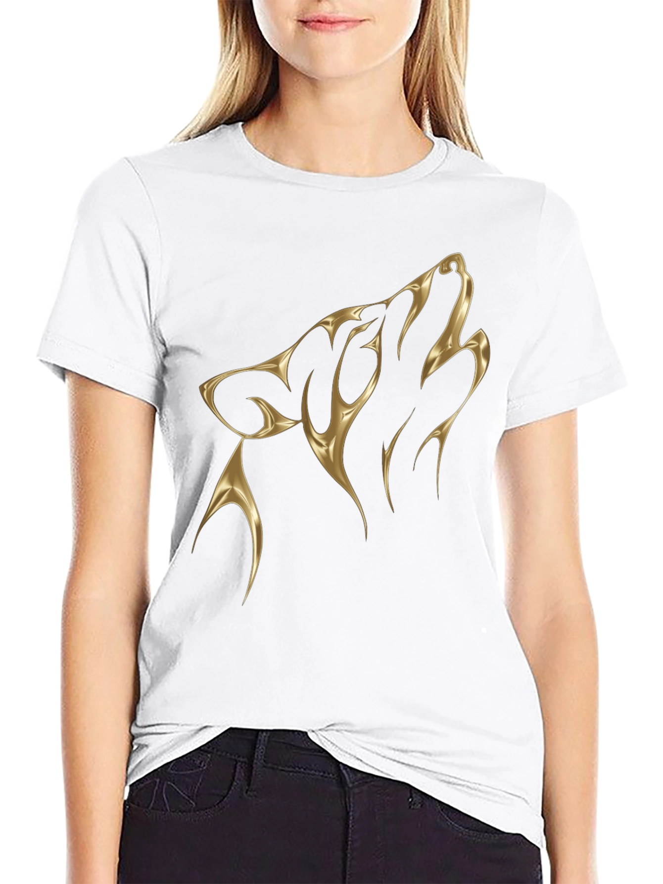 Mens Black T-Shirt with Golden Wolf Design