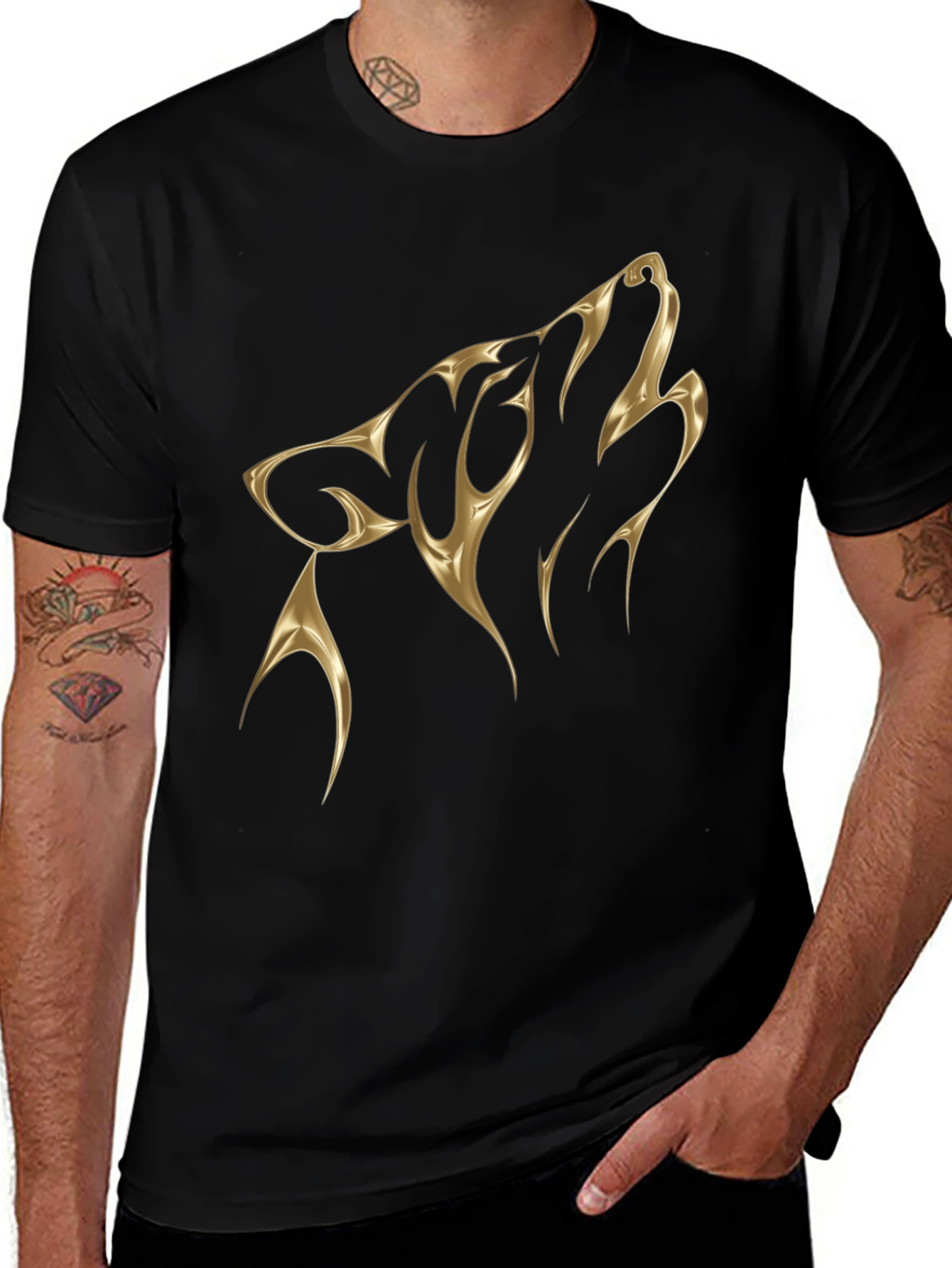 Mens Black T-Shirt with Golden Wolf Design
