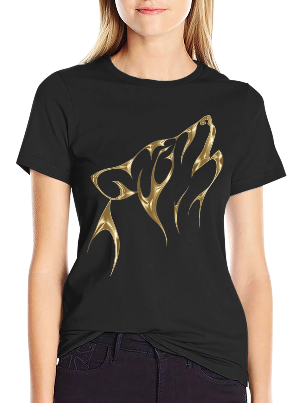 Mens Black T-Shirt with Golden Wolf Design