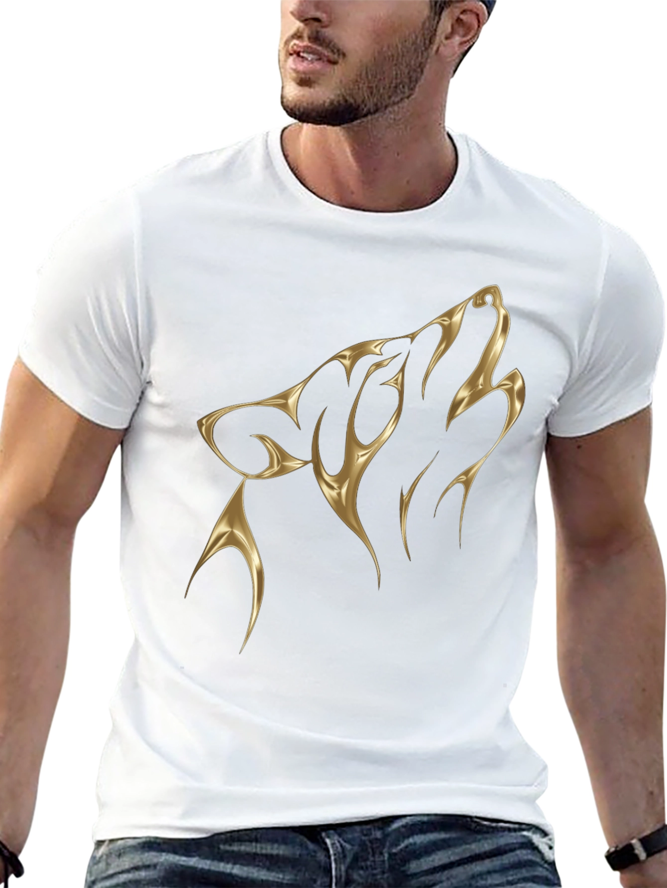 Mens Black T-Shirt with Golden Wolf Design