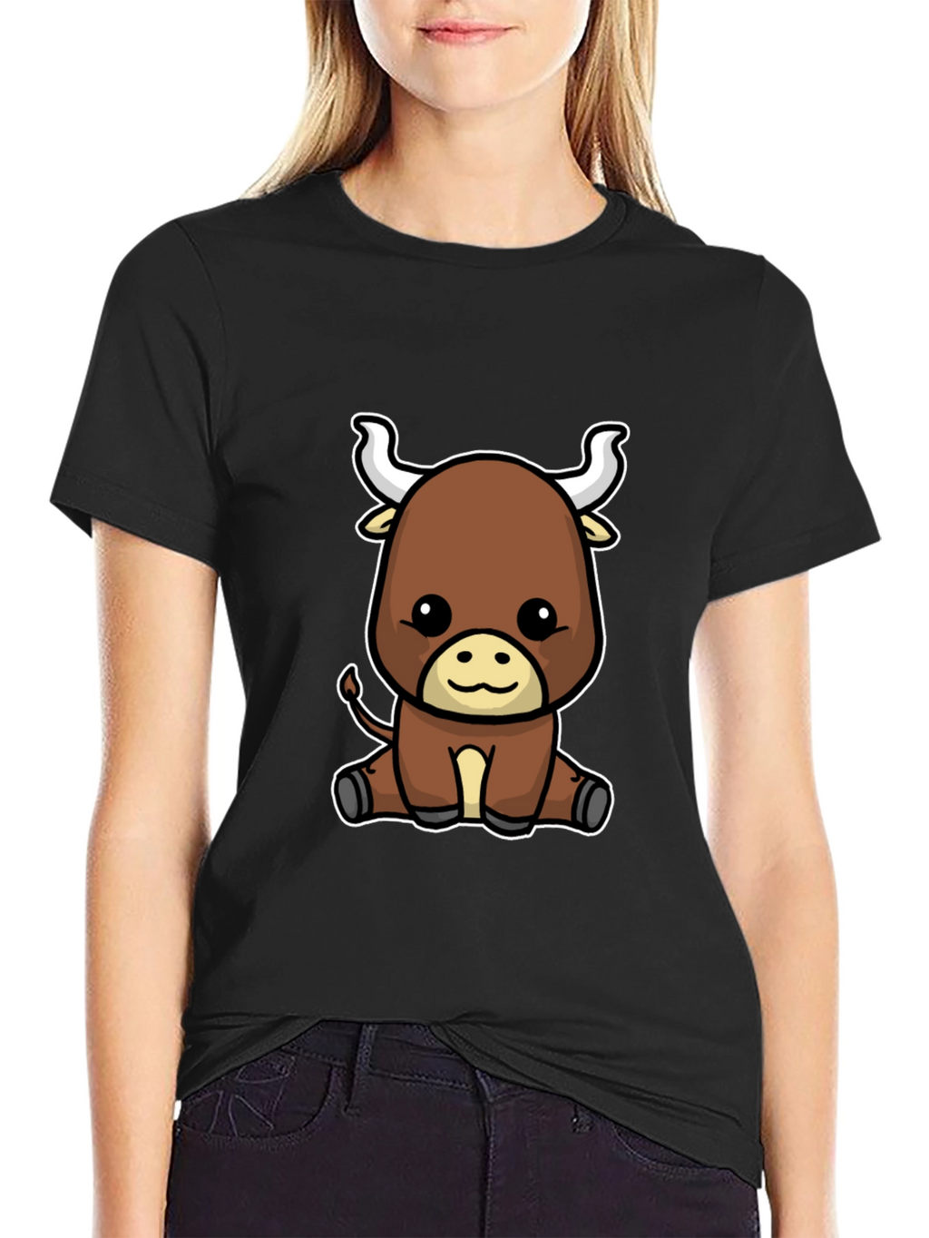Cute Cartoon Bull Graphic Tee - Black T-Shirt