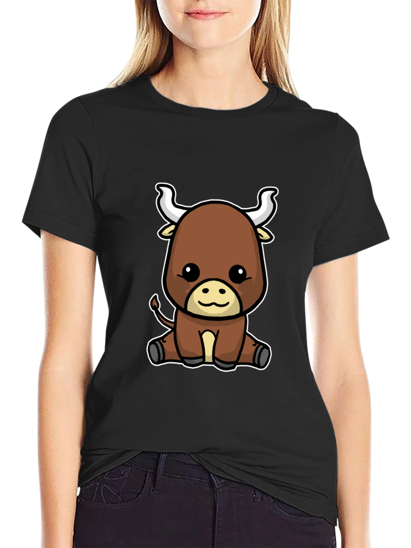 Cute Cartoon Bull Graphic Tee - Black T-Shirt
