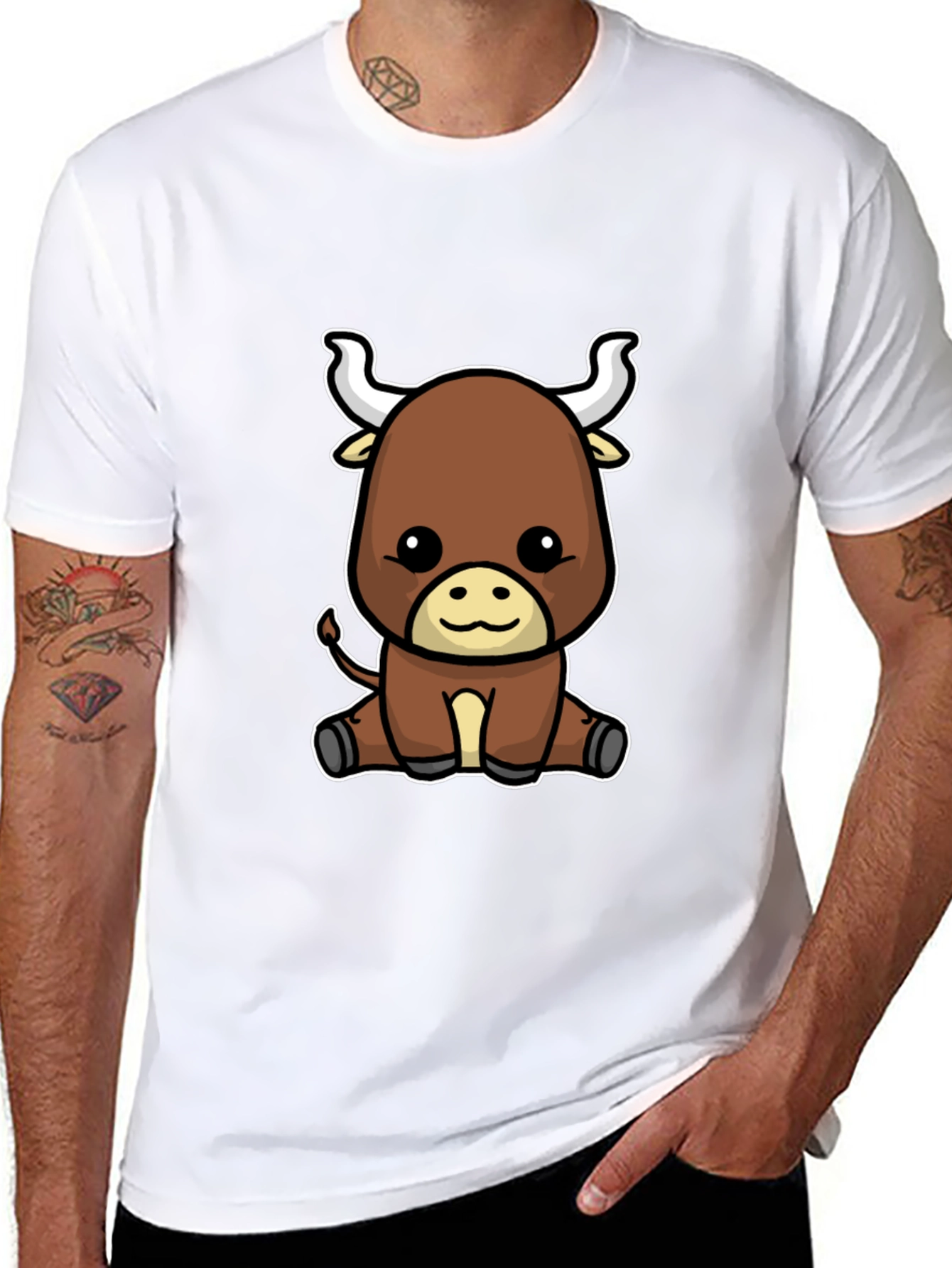 Cute Cartoon Bull Graphic Tee - Black T-Shirt