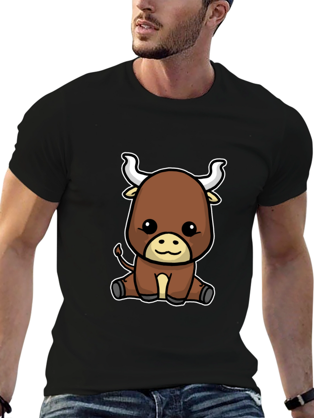 Cute Cartoon Bull Graphic Tee - Black T-Shirt