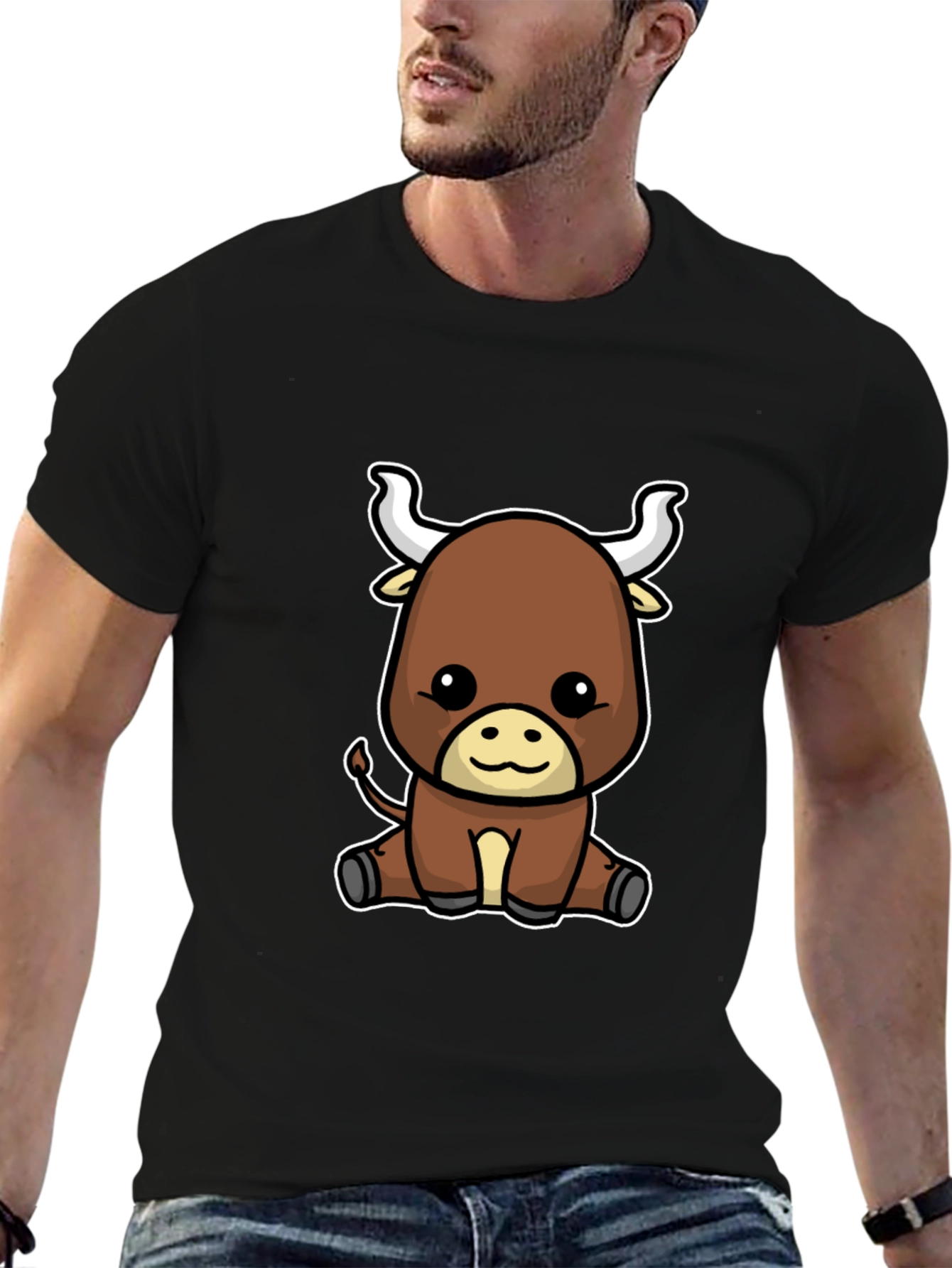 Cute Cartoon Bull Graphic Tee - Black T-Shirt