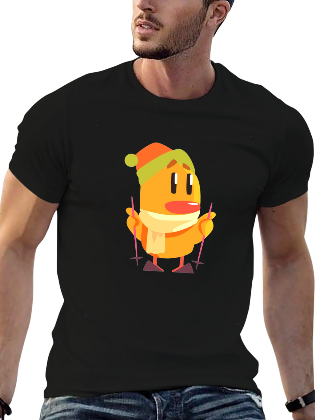 Cartoon Skiing Character Black T-Shirt