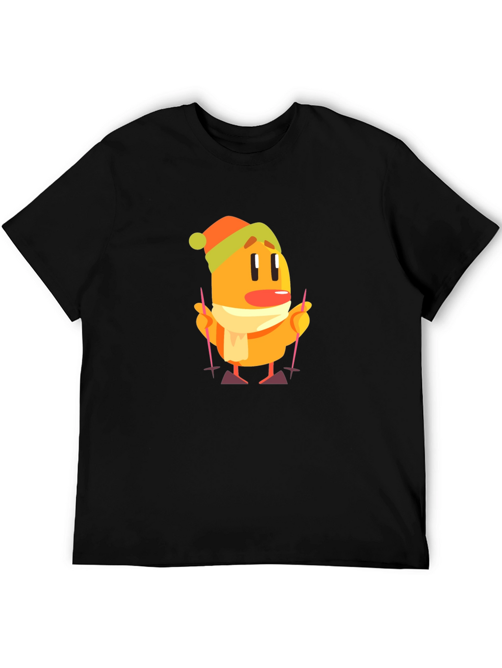 Cartoon Skiing Character Black T-Shirt