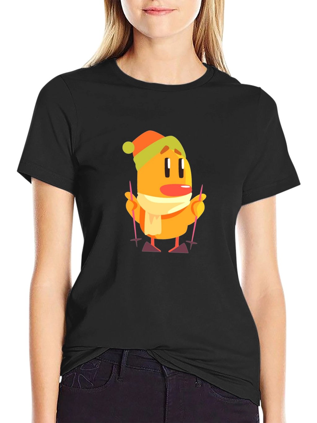 Cartoon Skiing Character Black T-Shirt