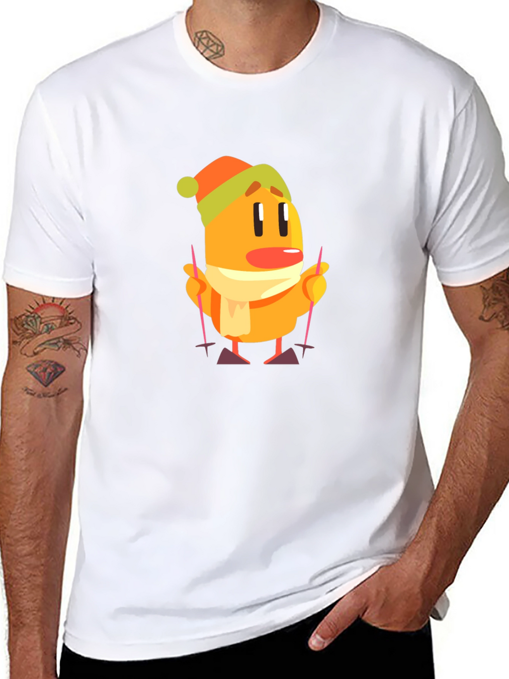 Cartoon Skiing Character Black T-Shirt
