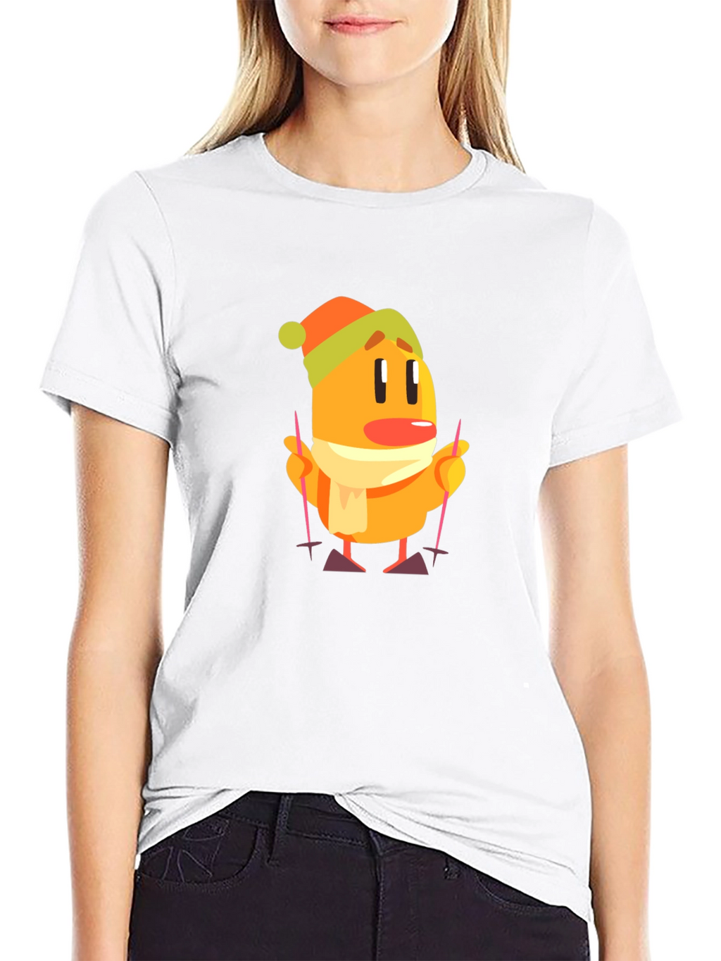 Cartoon Skiing Character Black T-Shirt