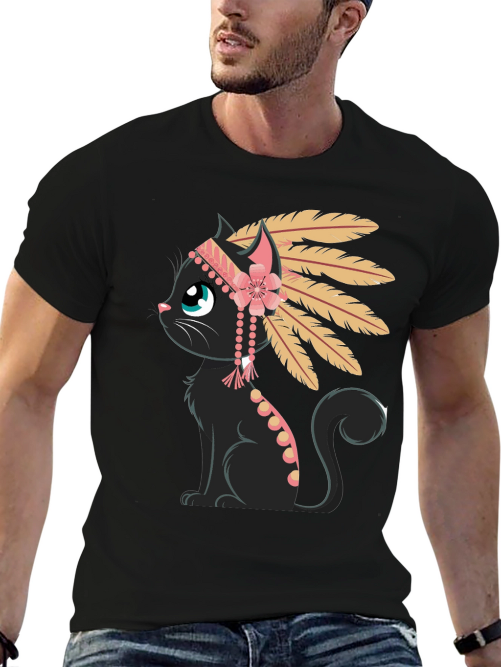 Indian Cat T-Shirt - Black Tee with Graphic