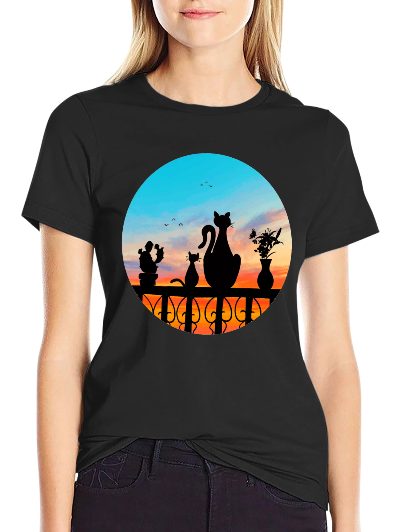 Cats at Sunset Graphic Tee - Black Cotton Blend
