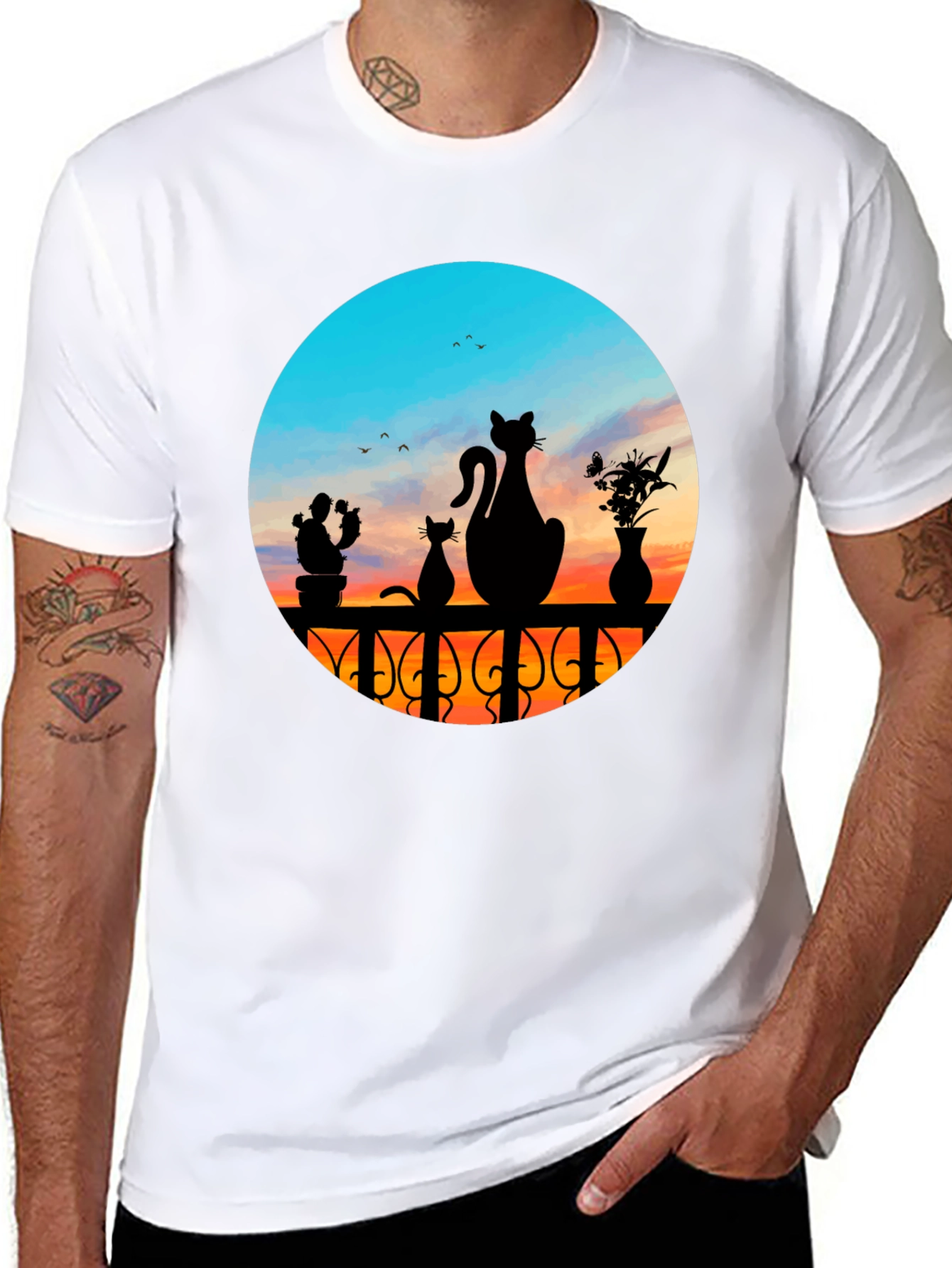 Cats at Sunset Graphic Tee - Black Cotton Blend