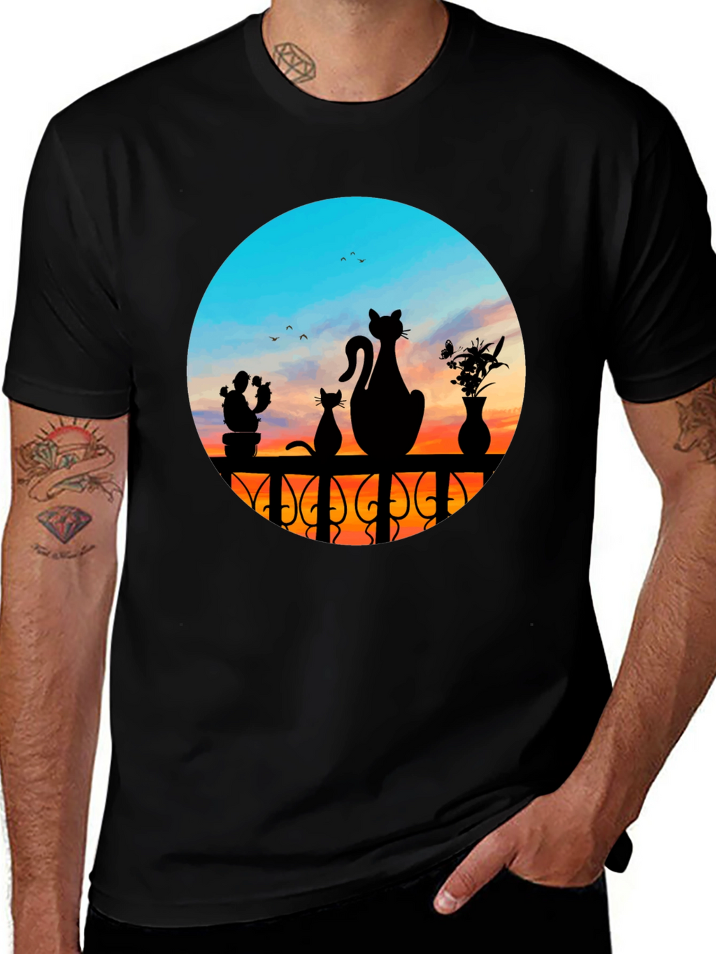 Cats at Sunset Graphic Tee - Black Cotton Blend