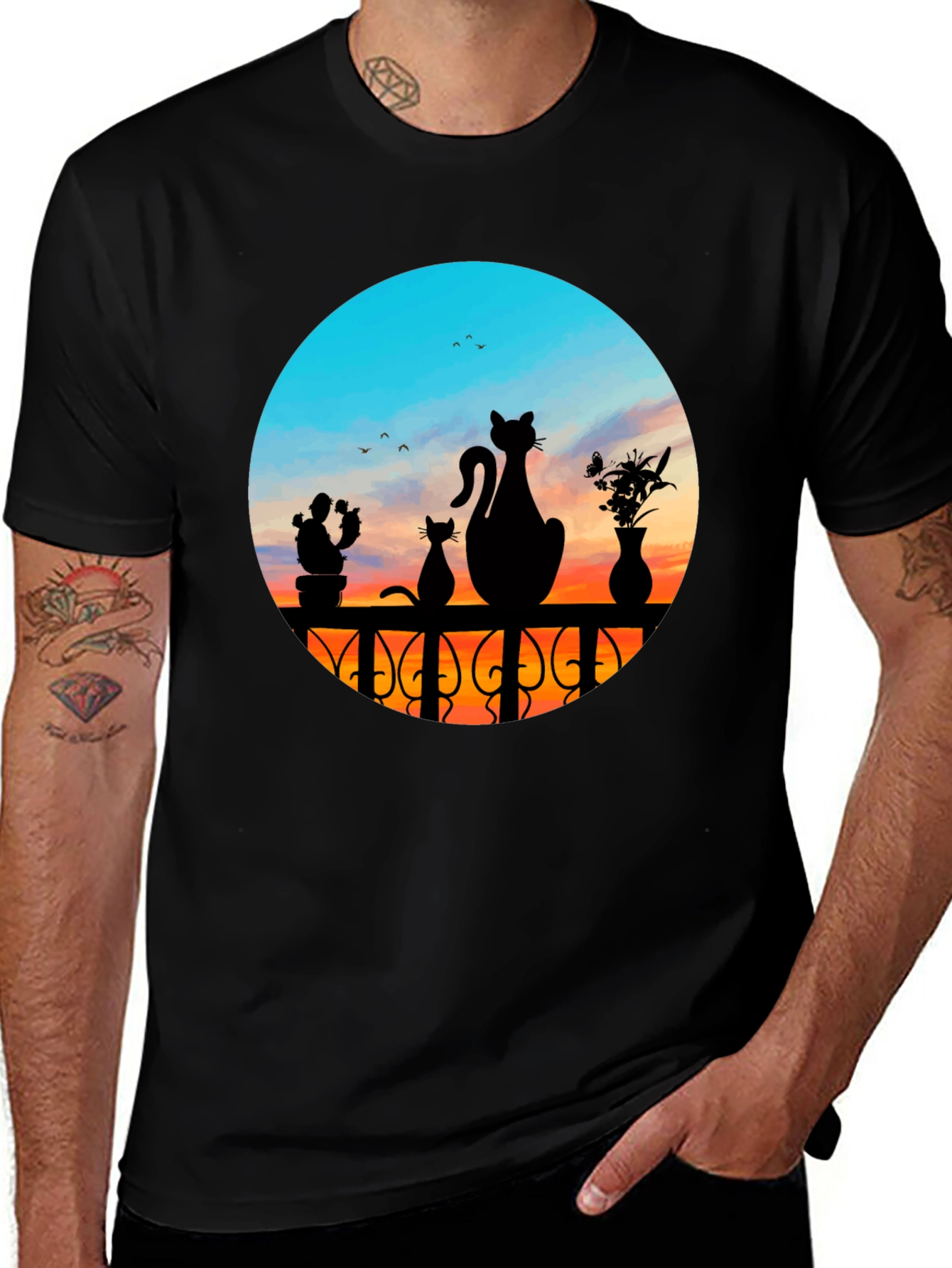 Cats at Sunset Graphic Tee - Black Cotton Blend