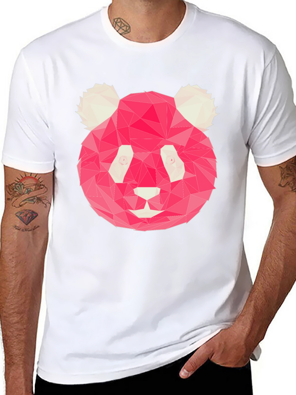 Geometric Pink Panda Graphic Black T-Shirt