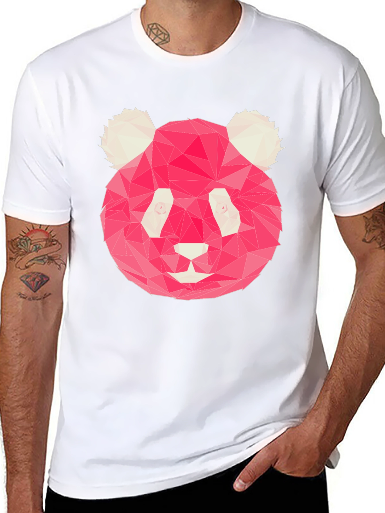 Geometric Pink Panda Graphic Black T-Shirt