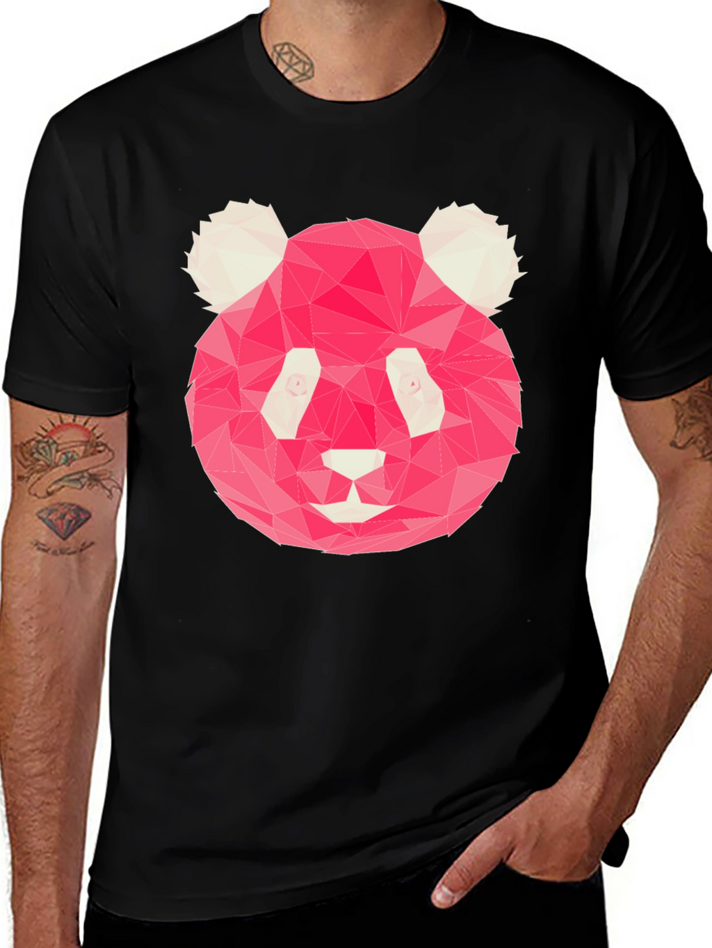 Geometric Pink Panda Graphic Black T-Shirt