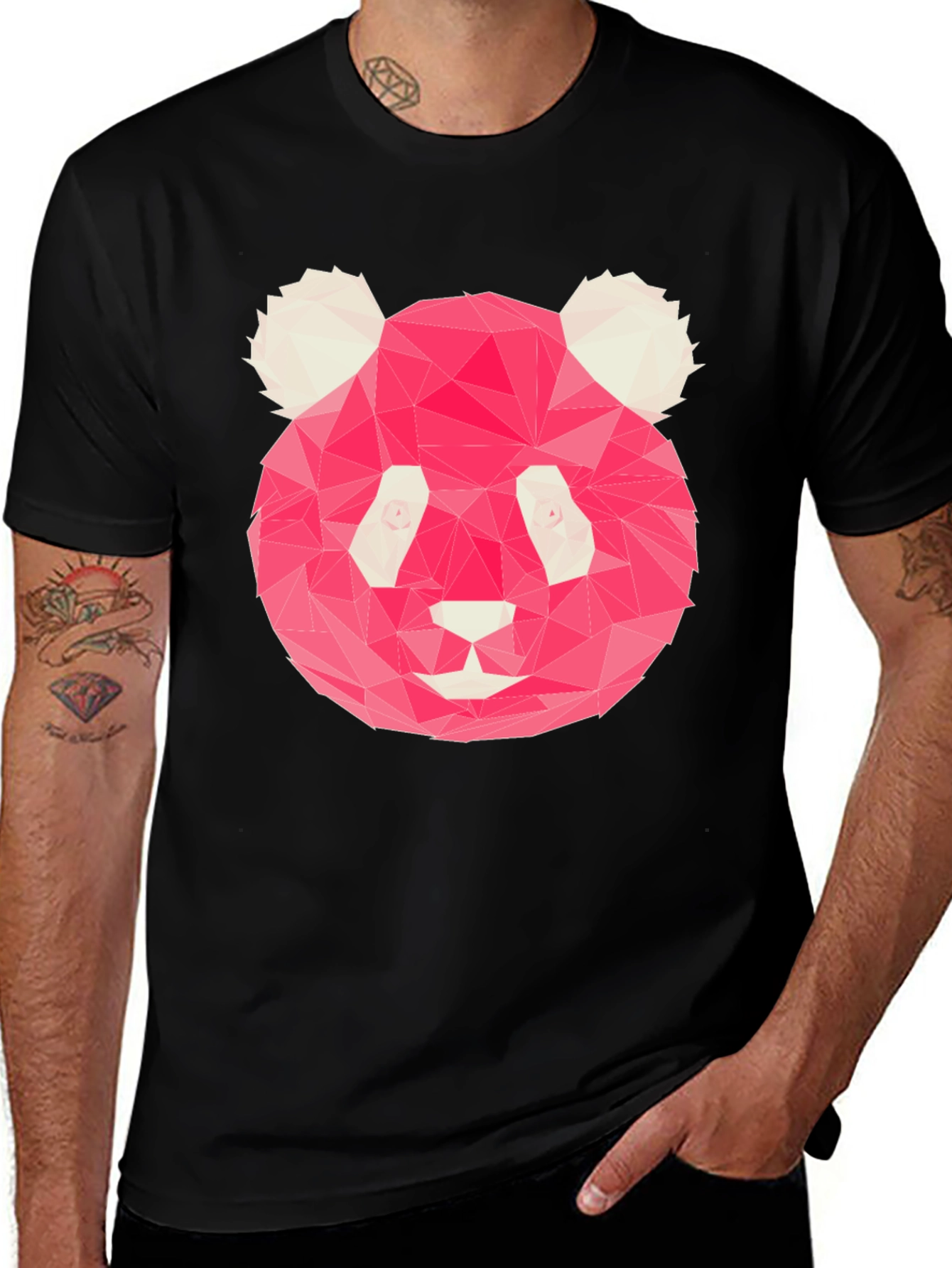 Geometric Pink Panda Graphic Black T-Shirt