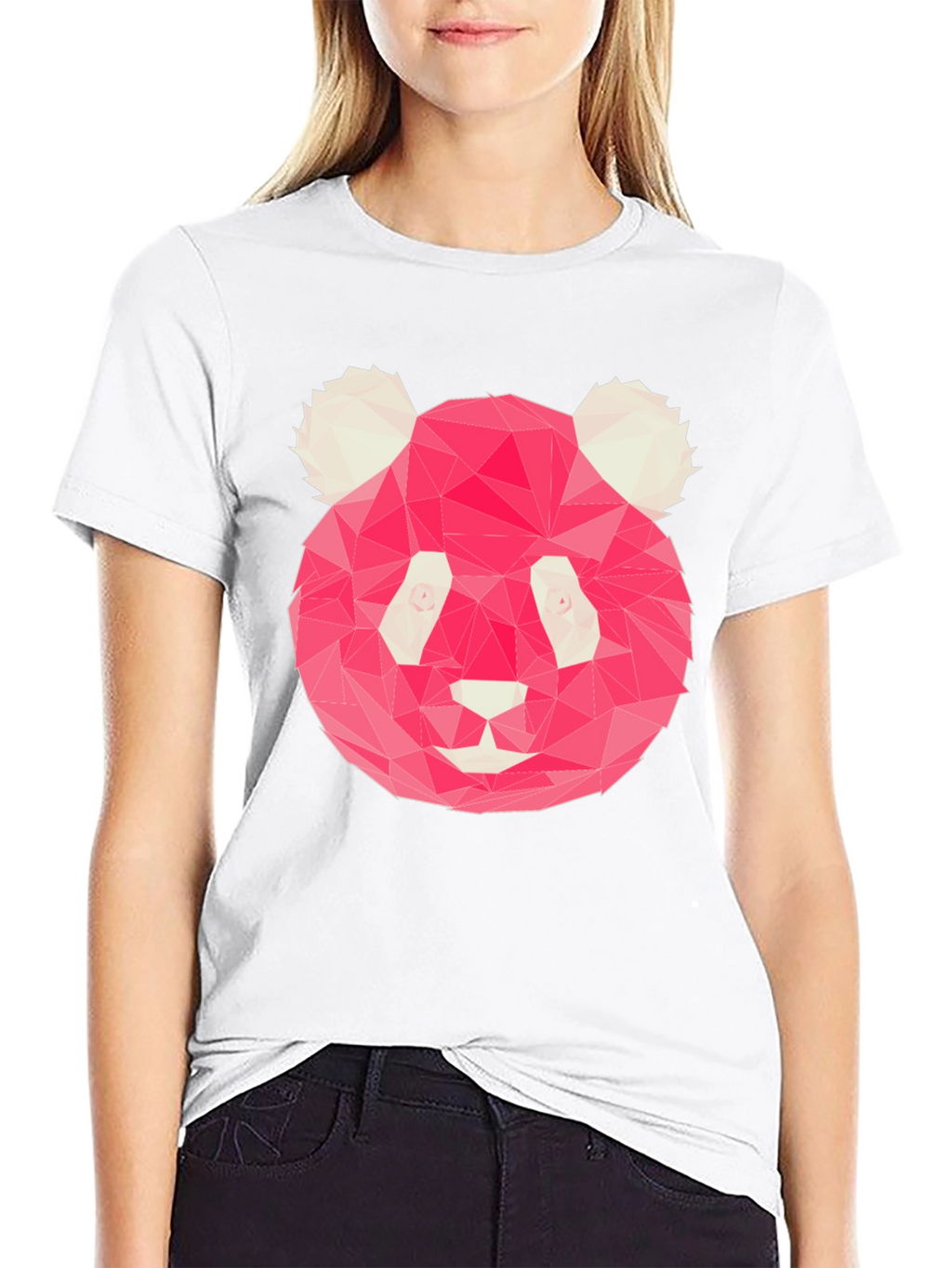 Geometric Pink Panda Graphic Black T-Shirt