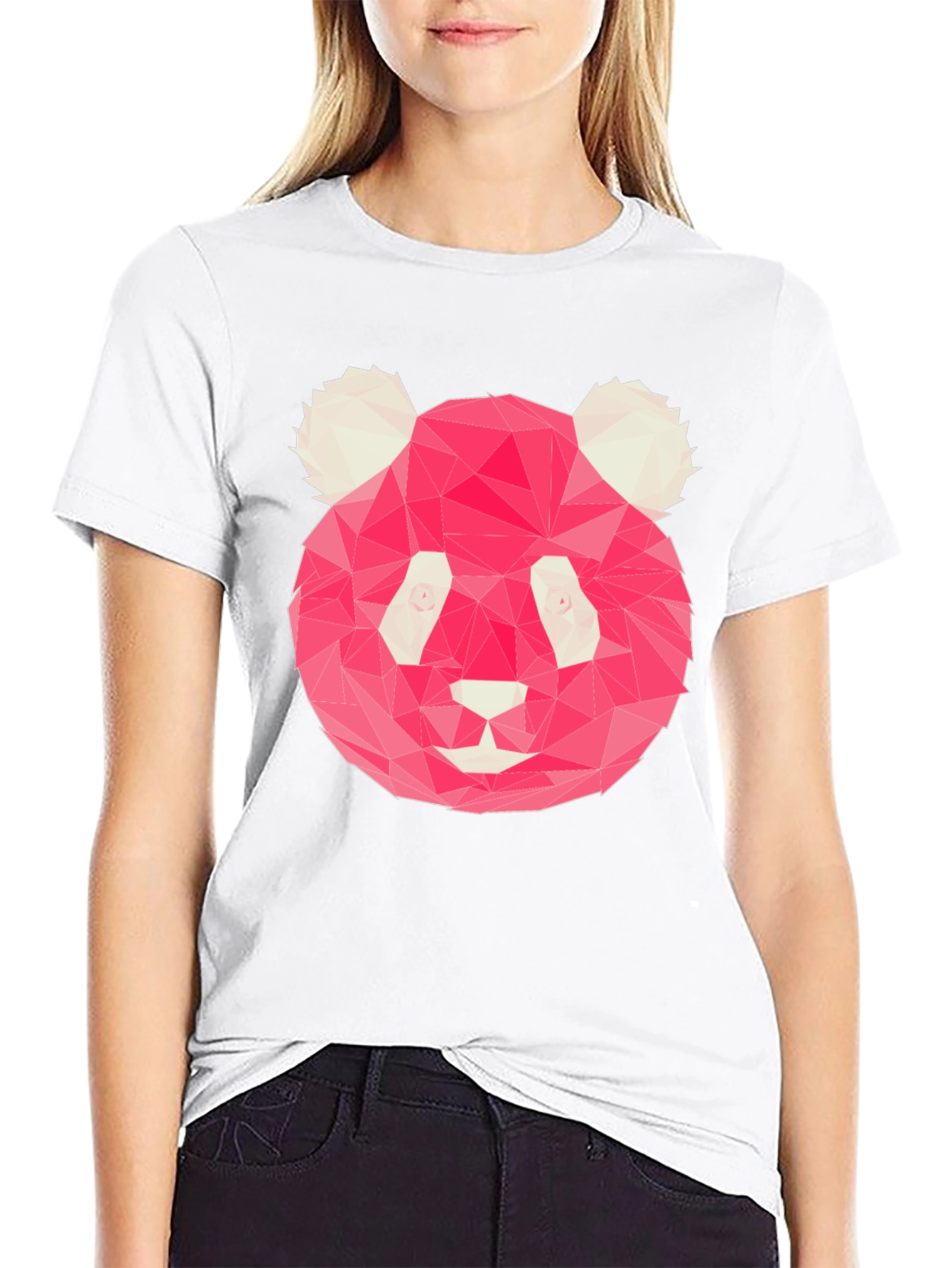 Geometric Pink Panda Graphic Black T-Shirt
