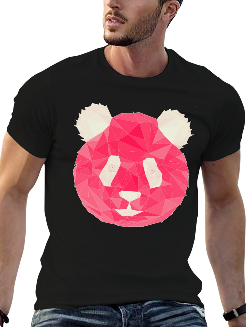 Geometric Pink Panda Graphic Black T-Shirt