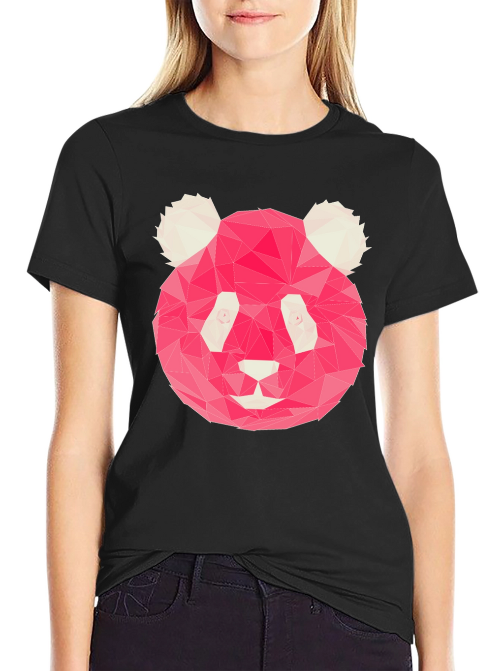 Geometric Pink Panda Graphic Black T-Shirt