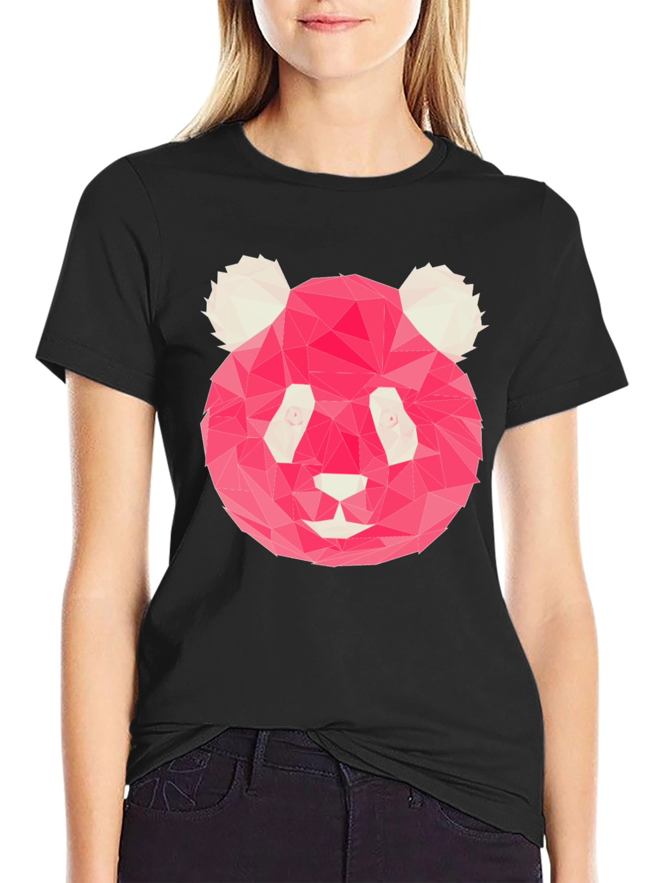 Geometric Pink Panda Graphic Black T-Shirt