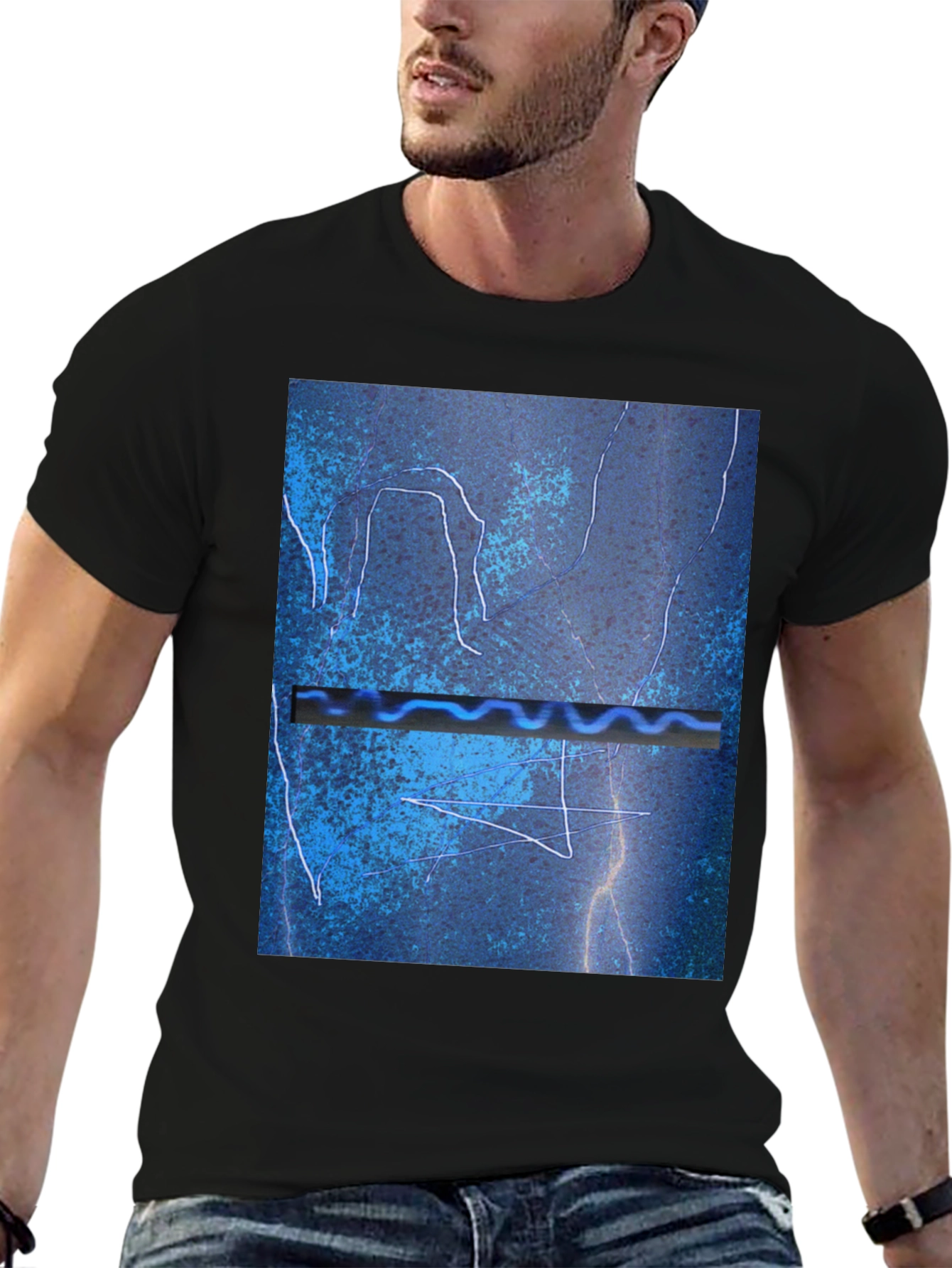 Abstract Blue Graphic Print Black T-Shirt