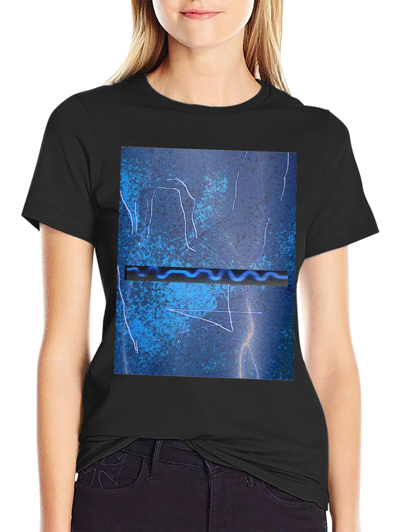 Abstract Blue Graphic Print Black T-Shirt