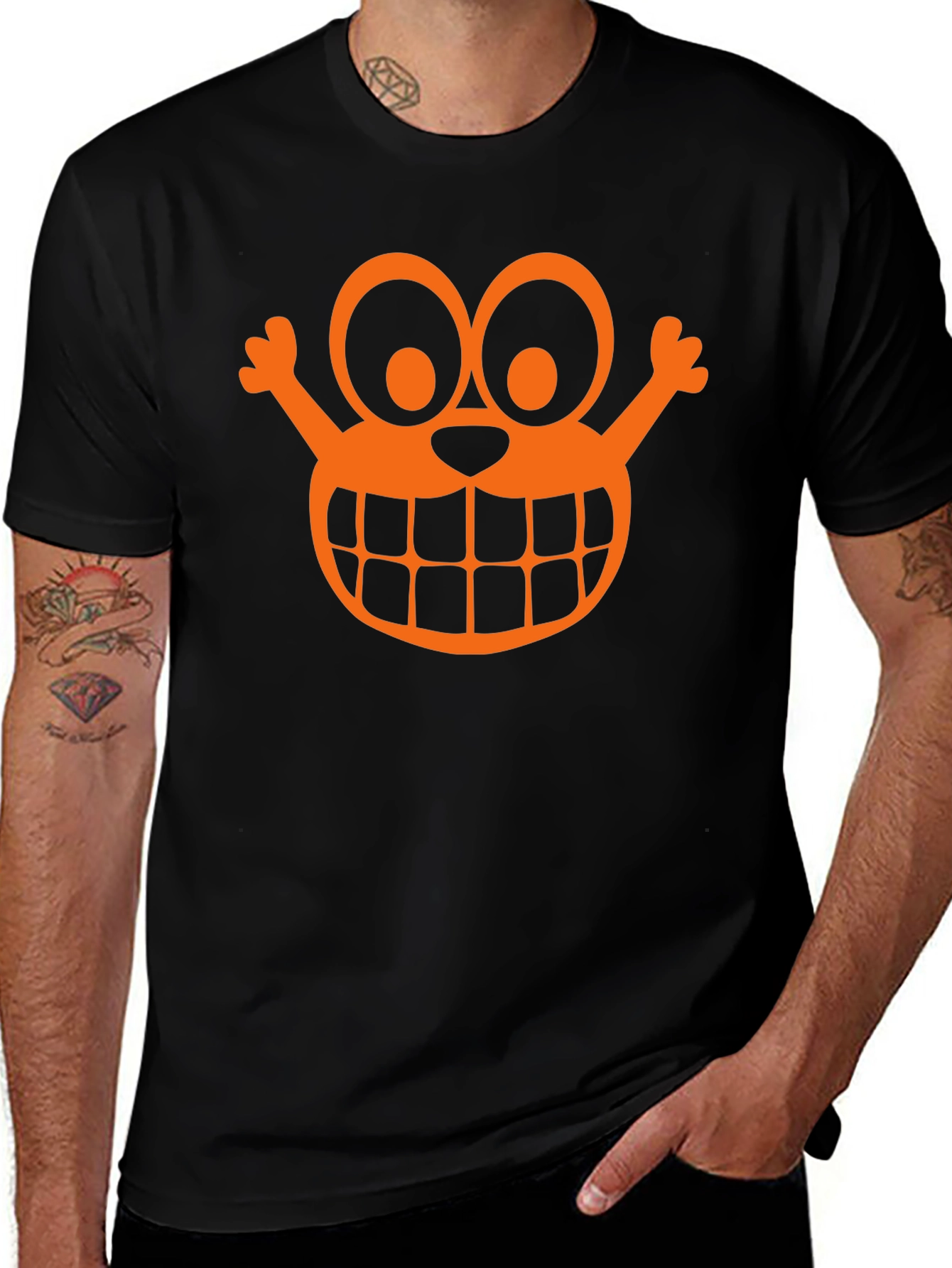 Orange Cartoon Face Graphic Black T-Shirt