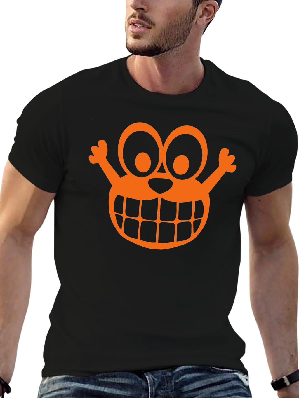 Orange Cartoon Face Graphic Black T-Shirt