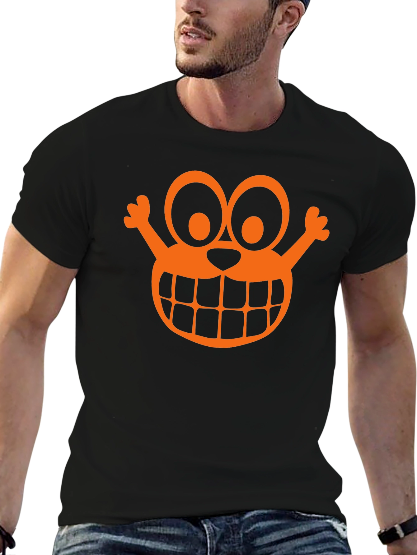 Orange Cartoon Face Graphic Black T-Shirt