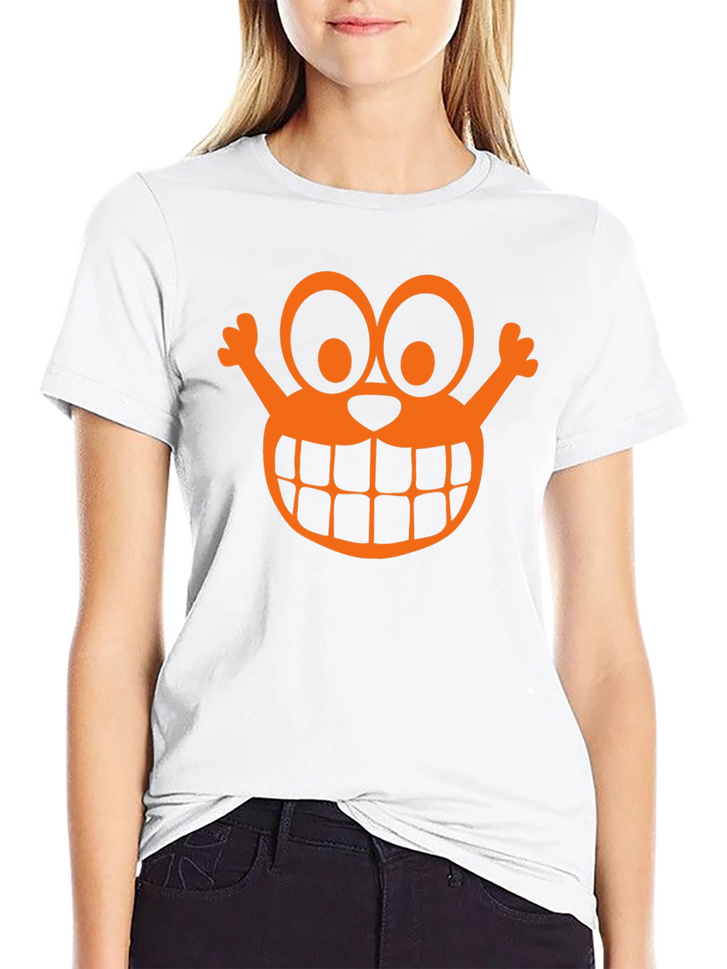 Orange Cartoon Face Graphic Black T-Shirt