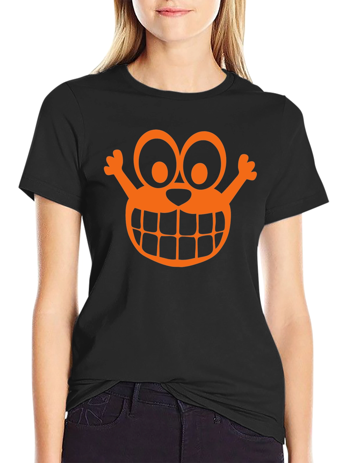 Orange Cartoon Face Graphic Black T-Shirt